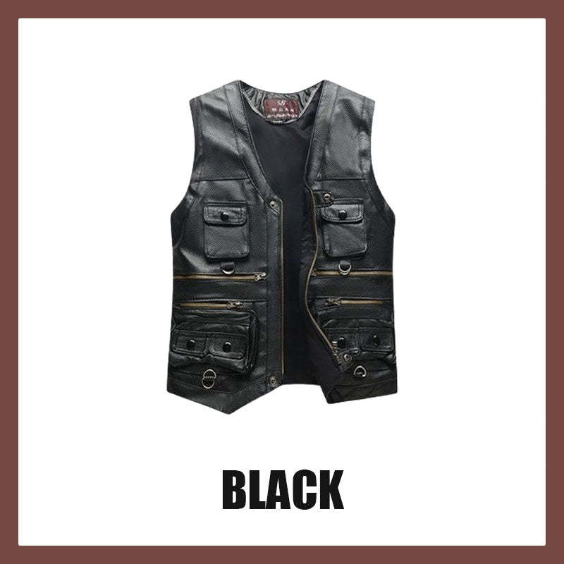 Men's Genuine Leather Multi-Pocket V-Neck Vest