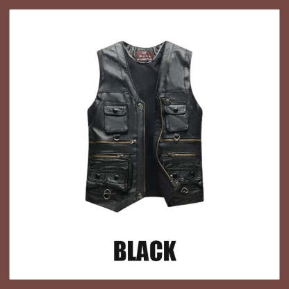 Men's Genuine Leather Multi-Pocket V-Neck Vest