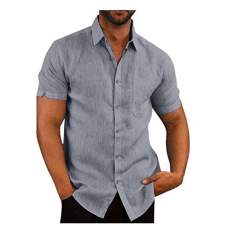 Men's solid color short-sleeved linen buttons shirt-PLAWLTD