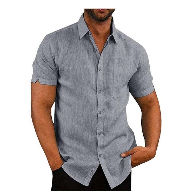 Men's solid color short-sleeved linen buttons shirt-PLAWLTD