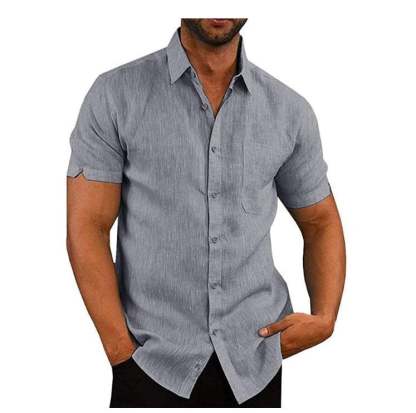 Men's solid color short-sleeved linen buttons shirt-PLAWLTD