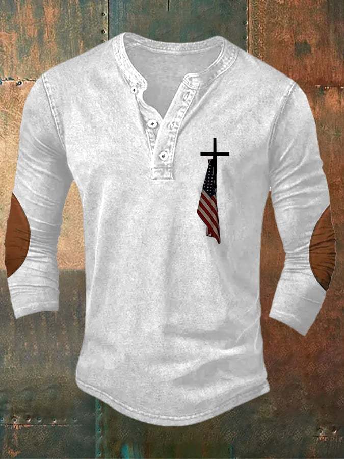 Men's Vintage Flag Cross Button Design Top
