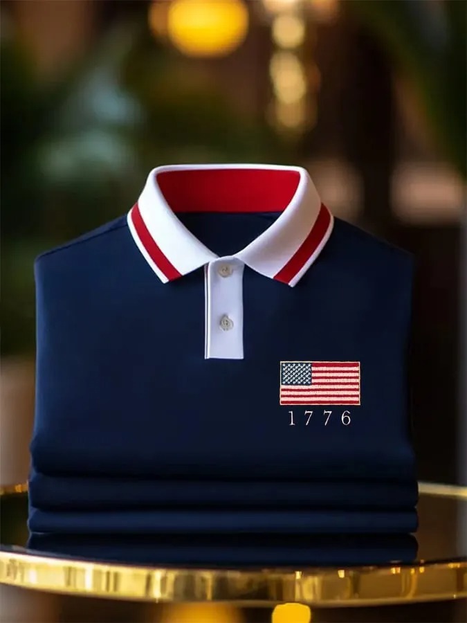 Men's Business Casual Striped Independence Day Button Short Sleeve Polo Shirt-PLAWLTD