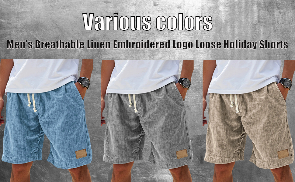 Men's Breathable Linen Embroidered Logo Loose Holiday Shorts