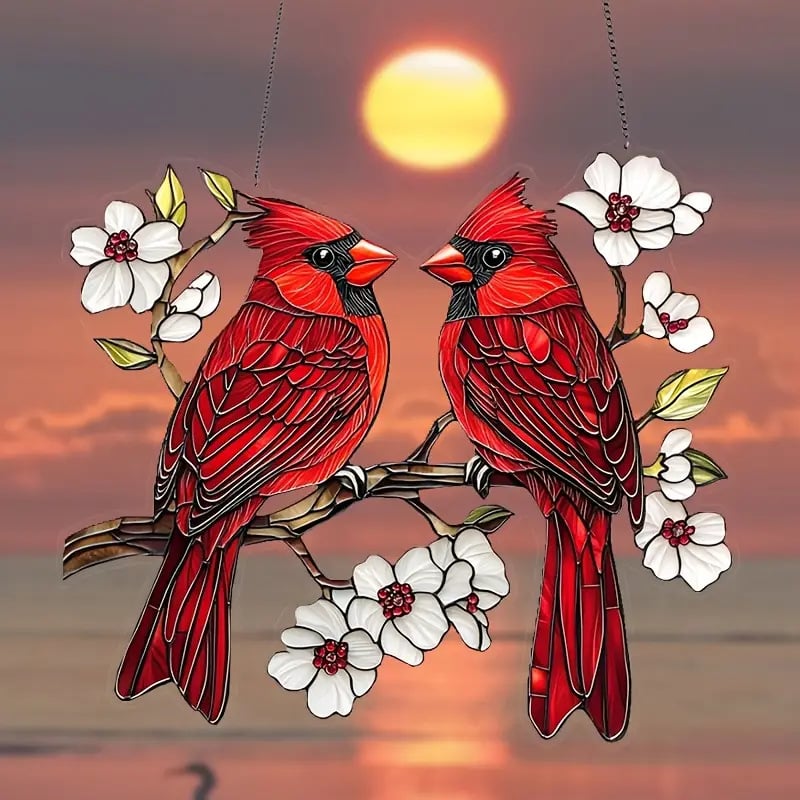 Cardinal Birds on Branch Stained Ornament (8 inches)-PLAWLTD