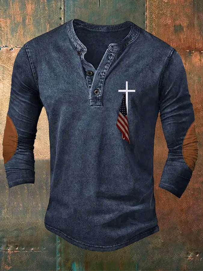 Men's Vintage Flag Cross Button Design Top