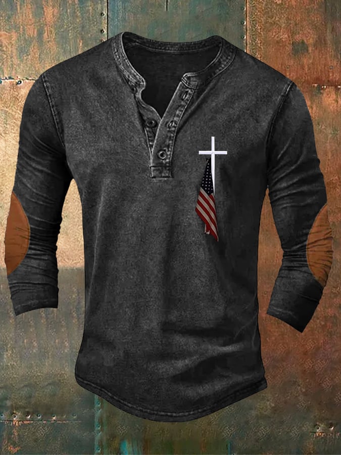 Men's Vintage Flag Cross Button Design Top