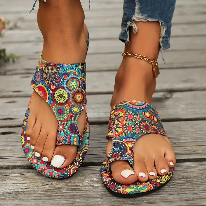 womens bohemian flower pattern slide sandals casual loop toe flat summer shoes lightweight slide sandals details 1