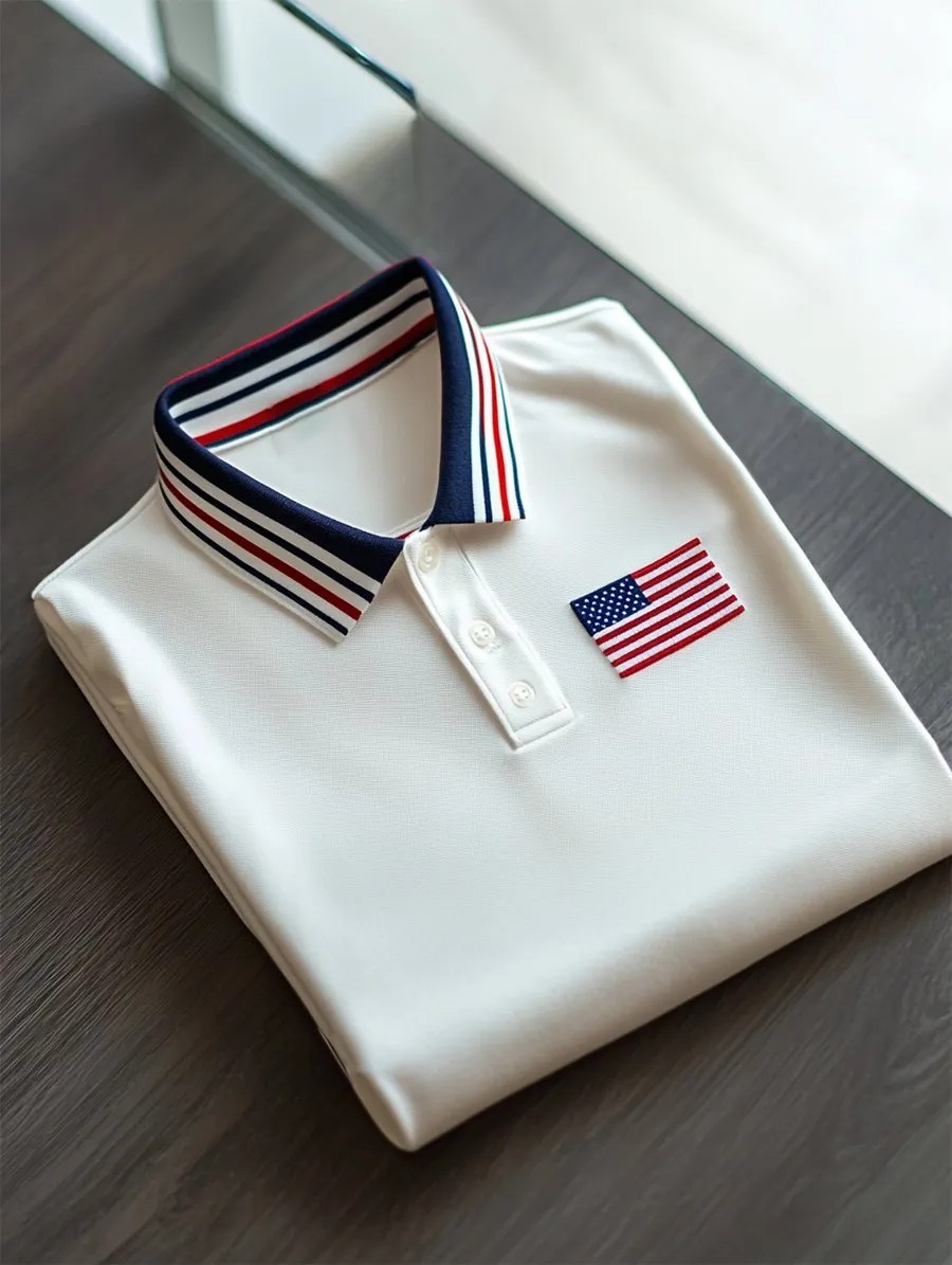 Men's Business Casual Striped Independence Day Button Short Sleeve Polo Shirt-PLAWLTD