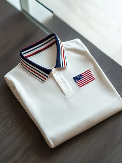 Men's Business Casual Striped Independence Day Button Short Sleeve Polo Shirt-PLAWLTD
