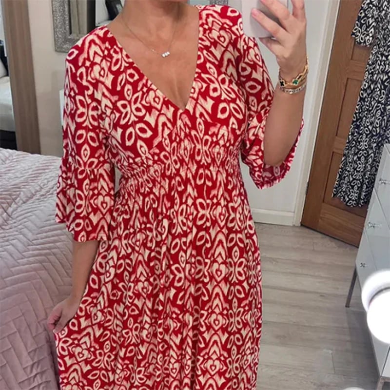 🔥LAST DAY 70% OFF🔥Casual Print V-Neck Waist Wrap Long Dress-PLAWLTD
