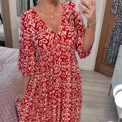 🔥LAST DAY 70% OFF🔥Casual Print V-Neck Waist Wrap Long Dress-PLAWLTD