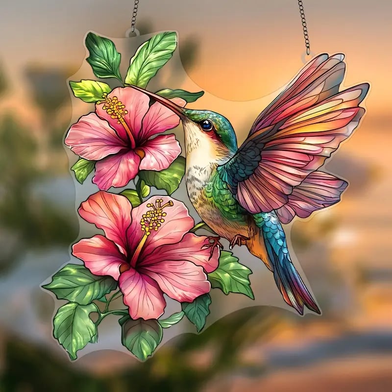 🌸🐦Hibiscus Hummingbird Stained Art Ornament (8 inches)-PLAWLTD
