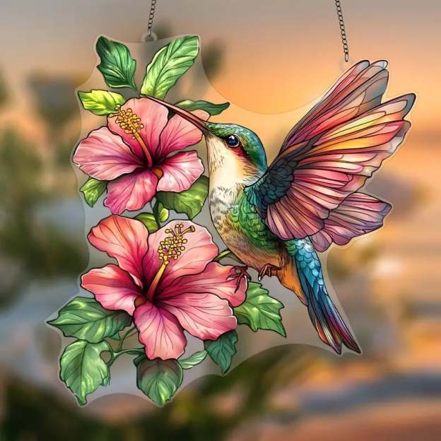 🌸🐦Hibiscus Hummingbird Stained Art Ornament (8 inches)-PLAWLTD