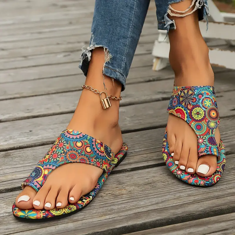 womens bohemian flower pattern slide sandals casual loop toe flat summer shoes lightweight slide sandals details 2