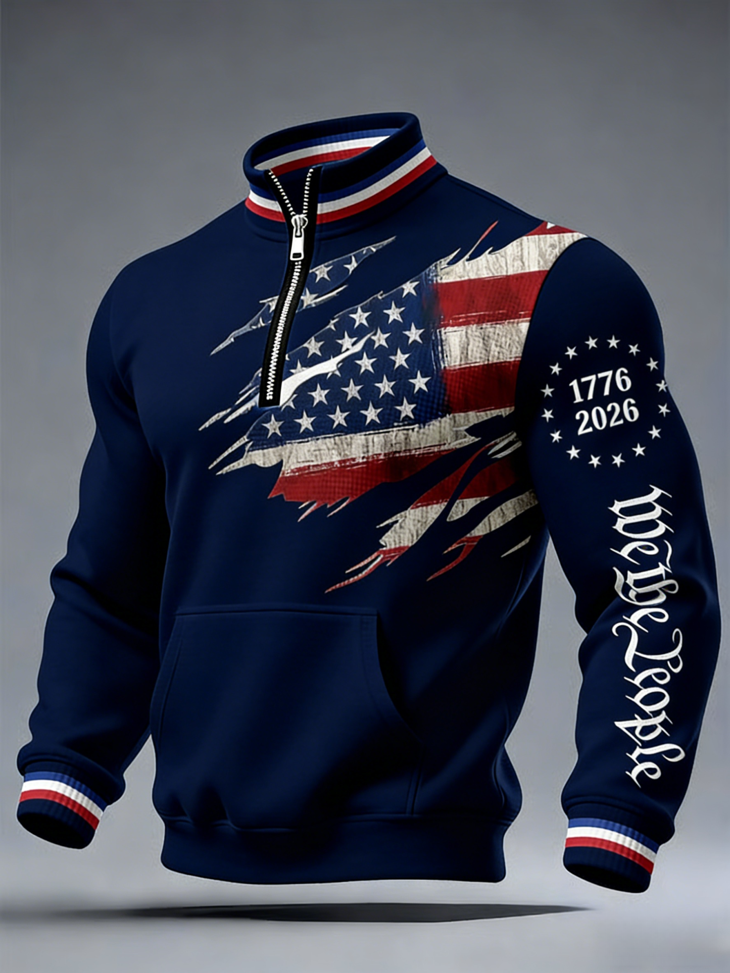 Men's 250th America Anniversary Casual Printed Stand Collar Zip Sweatshirt