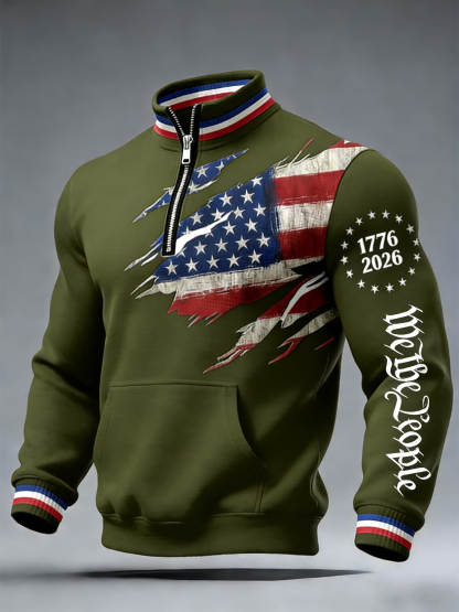 Men's 250th America Anniversary Casual Printed Stand Collar Zip Sweatshirt