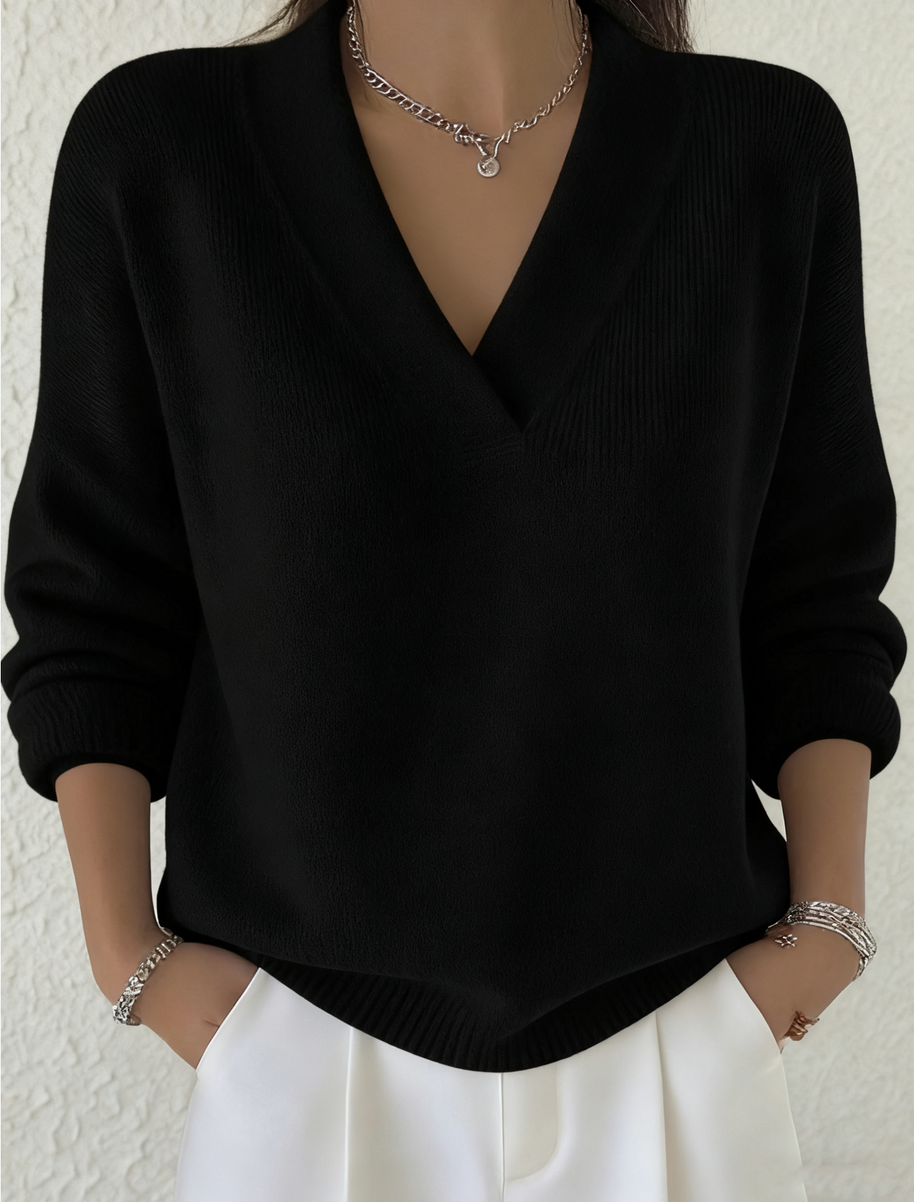 Women's Casual Solid Color V-neck Sweater Top-tidenox