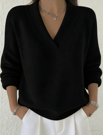 Women's Casual Solid Color V-neck Sweater Top-tidenox