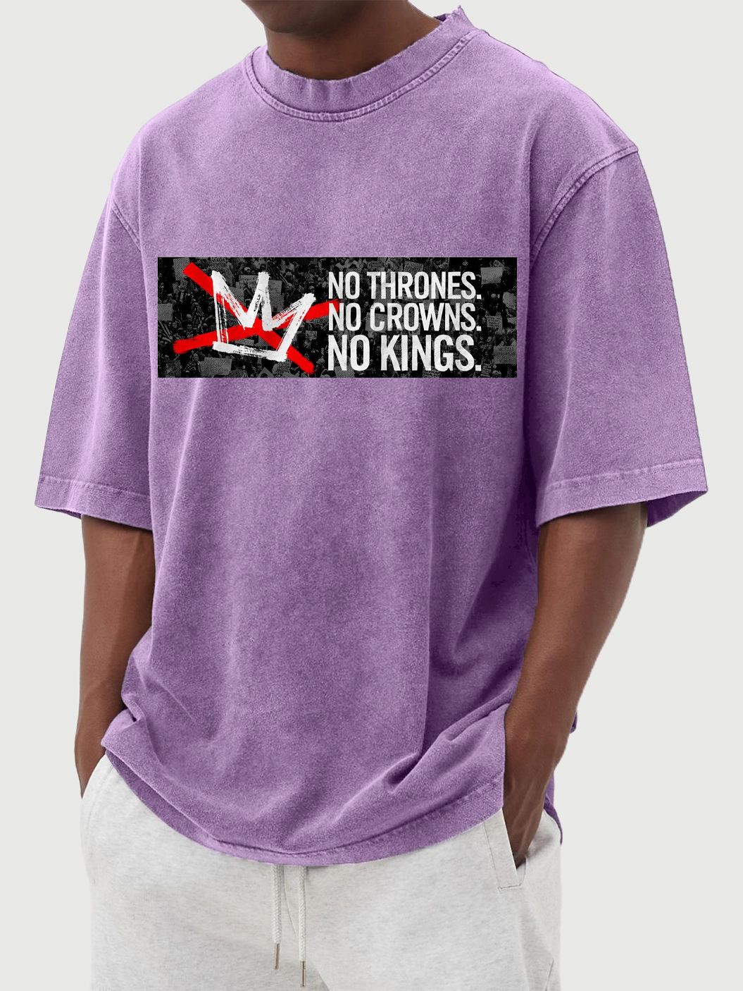 Men's No Kings 100% Cotton Washed And Distressed Vintage Print T-shirt-tidenox