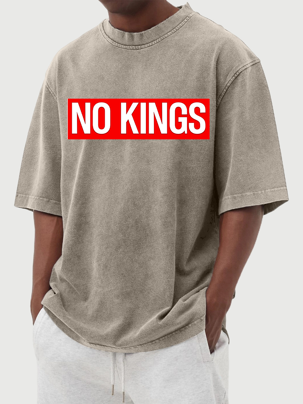 Men's 100% Cotton Washed And Distressed Vintage No Kings Print T-shirt-tidenox