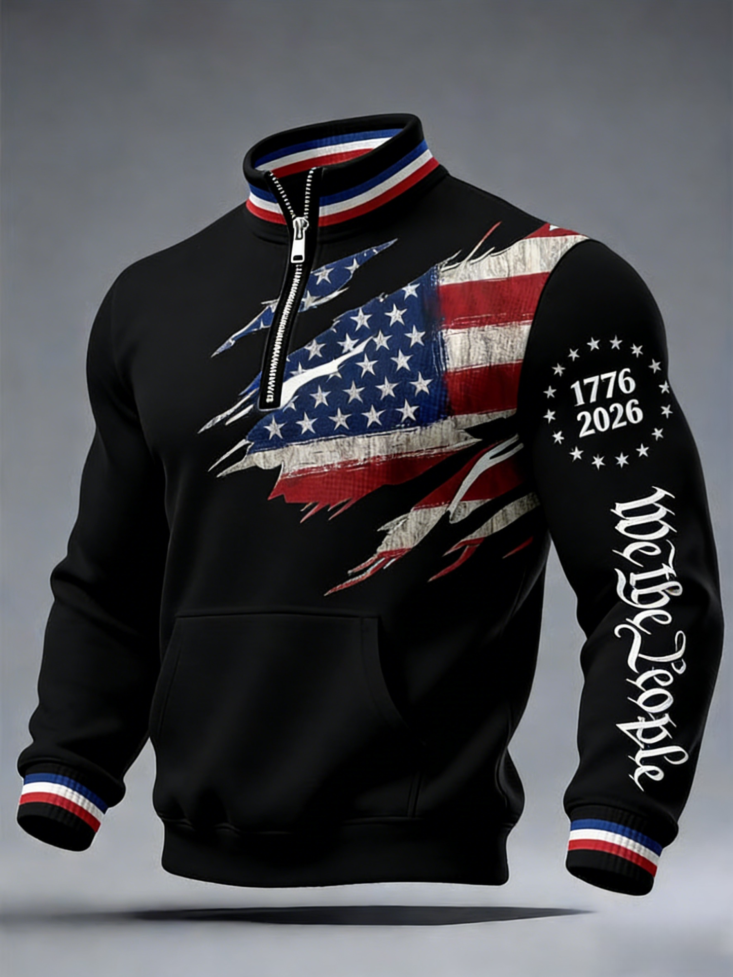 Men's 250th America Anniversary Casual Printed Stand Collar Zip Sweatshirt