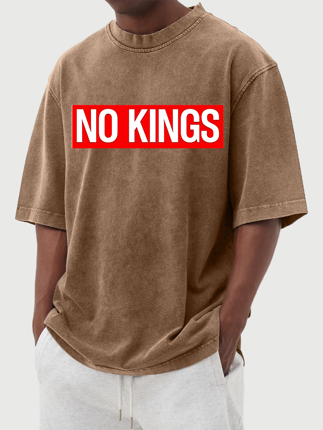 Men's 100% Cotton Washed And Distressed Vintage No Kings Print T-shirt-tidenox