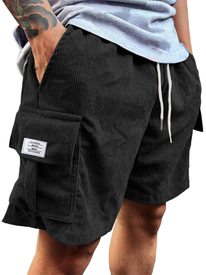 Men's Stylish Multi-pocket Vintage Corduroy Logo Embroidered Simple Casual Loose Shorts-tidenox