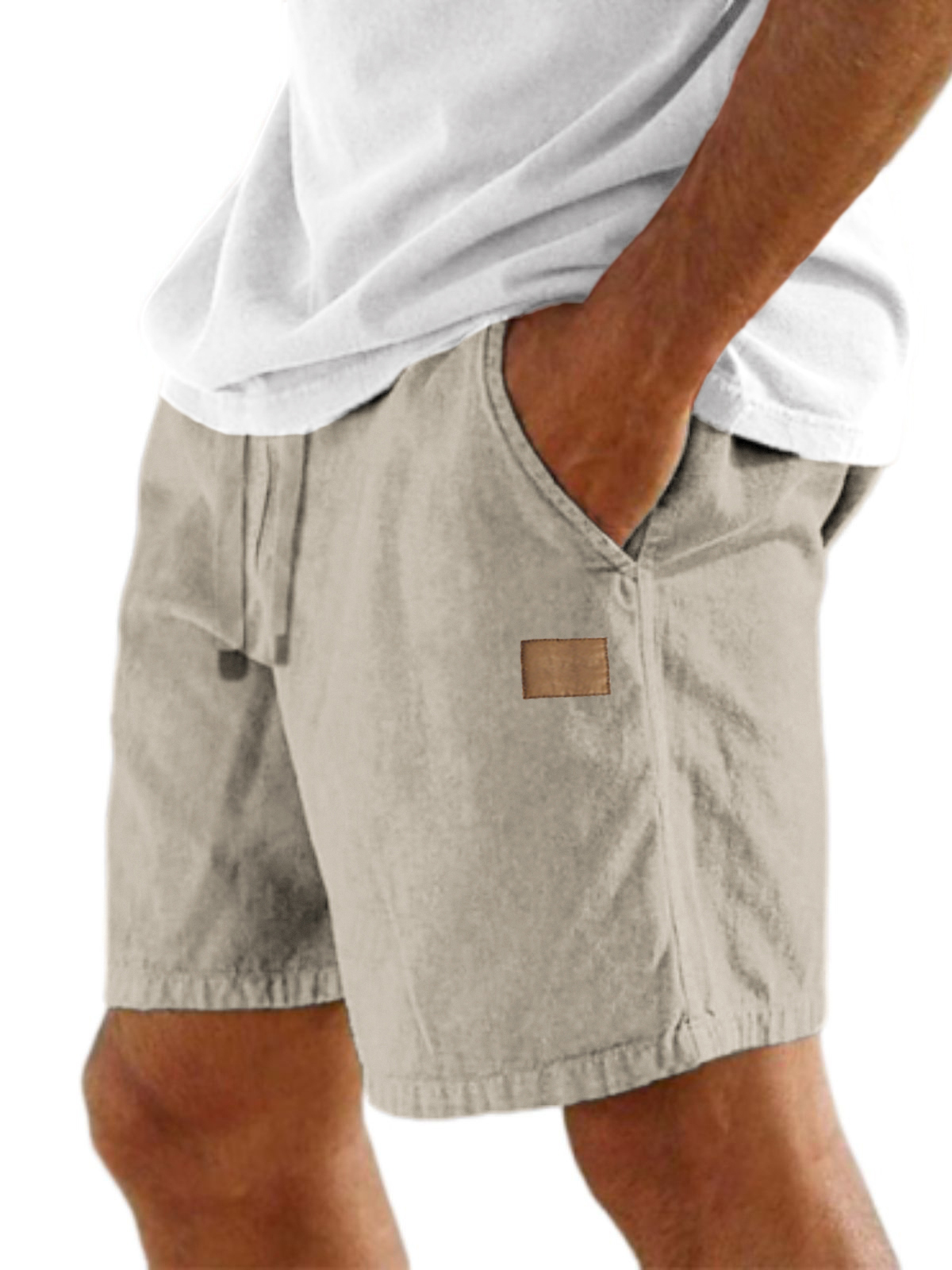 Men's Comfort Linen Embroidered Logo Holiday Casual Lace-Up Shorts with Side Pockets-tidenox