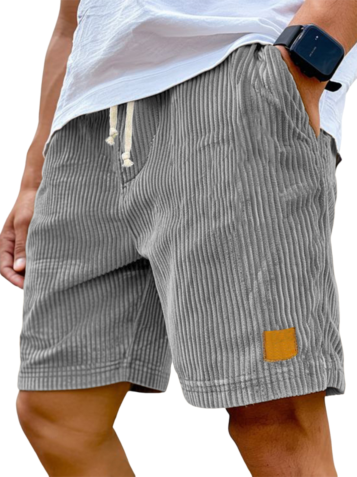 Men's Vintage Embroidered Logo Corduroy Stylish Lace-up Casual Shorts-tidenox