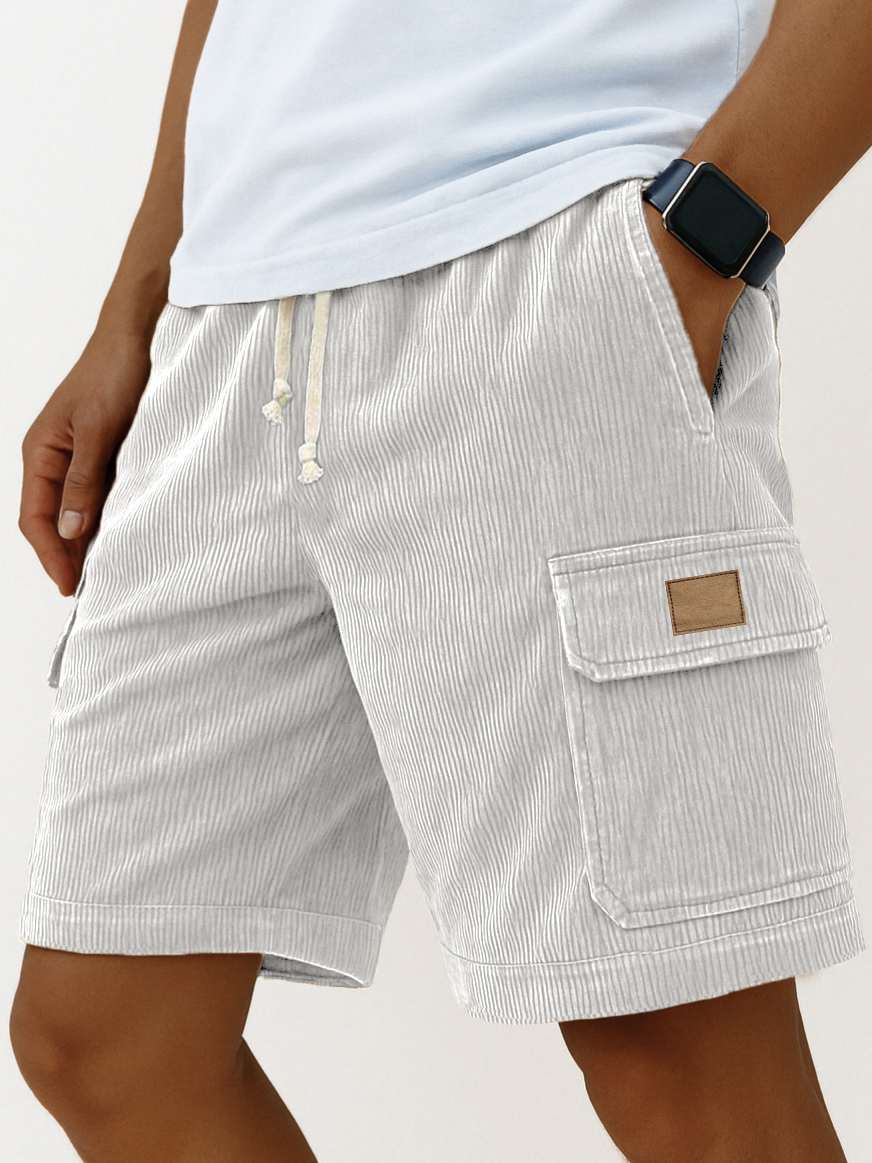 Men's Stylish Multi-pocket Cargo Shorts Corduroy Vintage Embroidered Logo Casual Lace-up Loose Shorts-tidenox