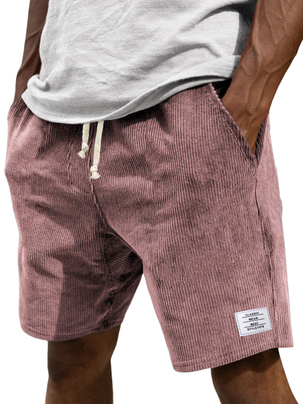 Men's Stylish Corduroy Simple Embroidered Logo Casual Lace-up Loose Shorts-tidenox
