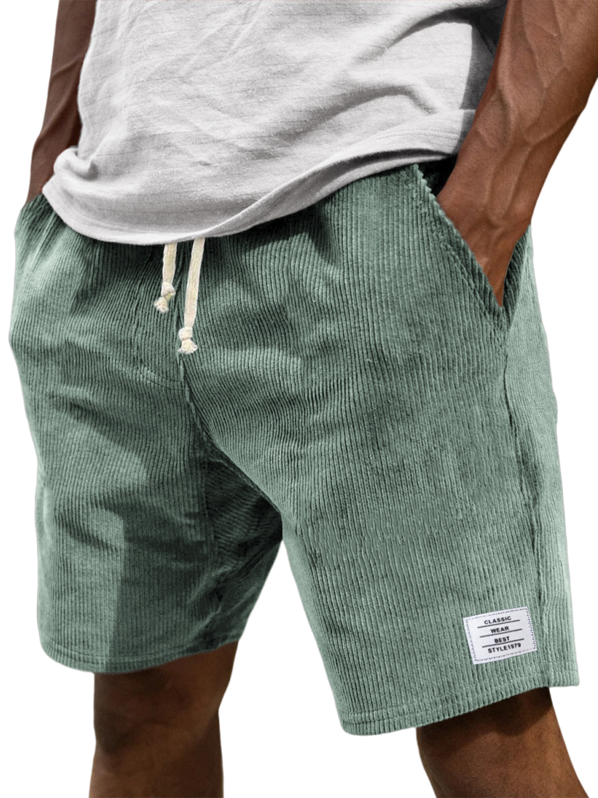 Men's Stylish Corduroy Simple Embroidered Logo Casual Lace-up Loose Shorts-tidenox