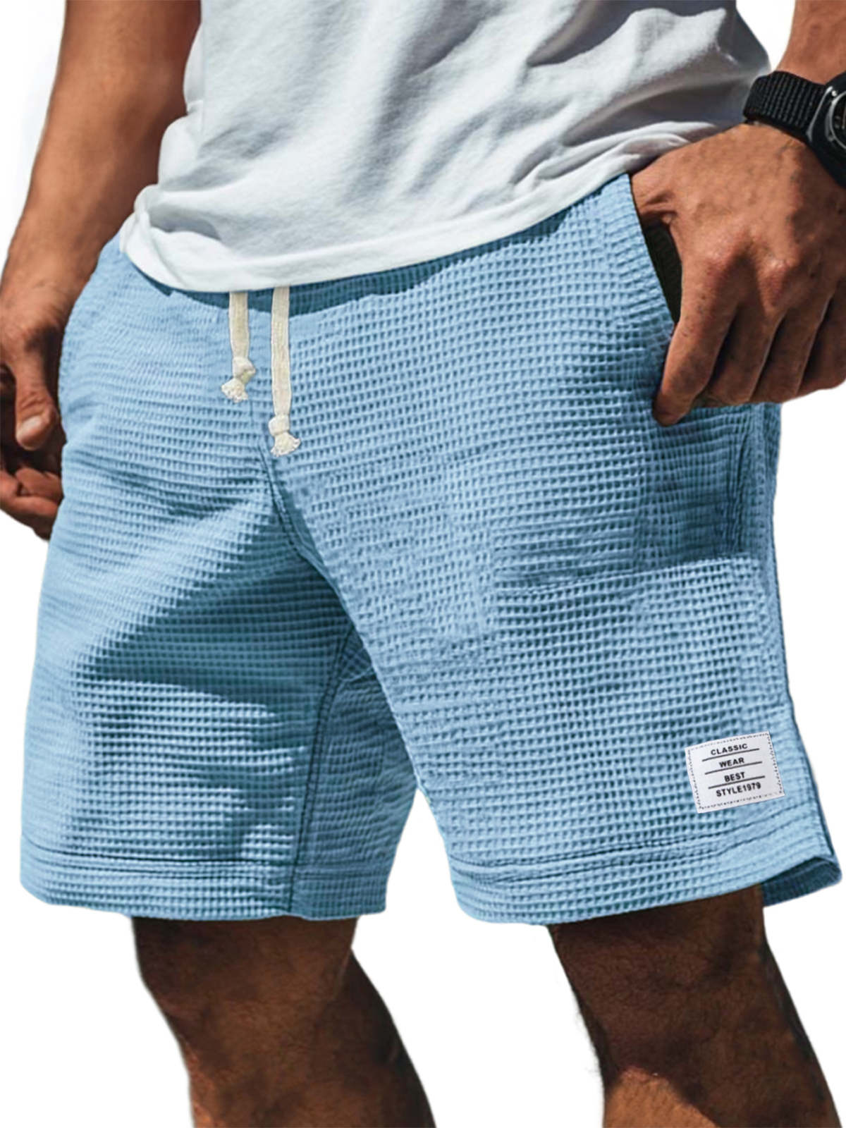 Men's Soft Waffle Simple Embroidered Logo Stylish Lace Up Everyday Casual Shorts-tidenox