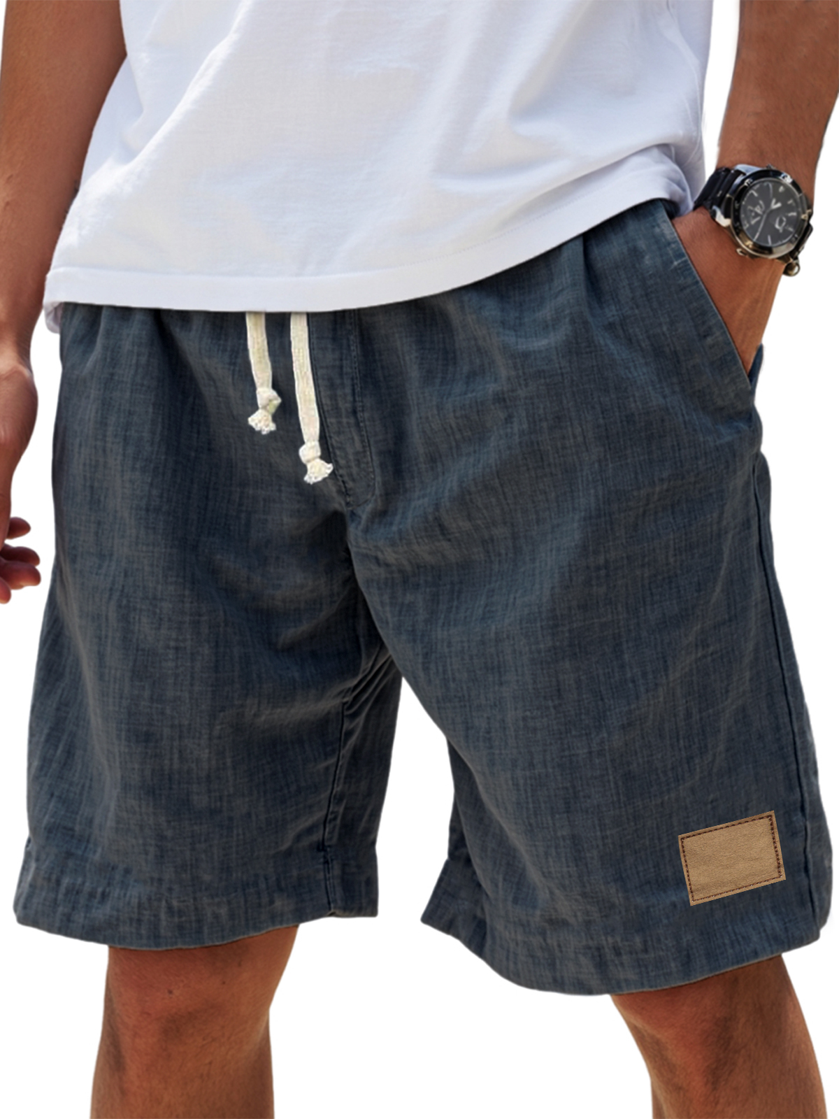 Men's Breathable Linen Embroidered Logo Loose Holiday Shorts-tidenox