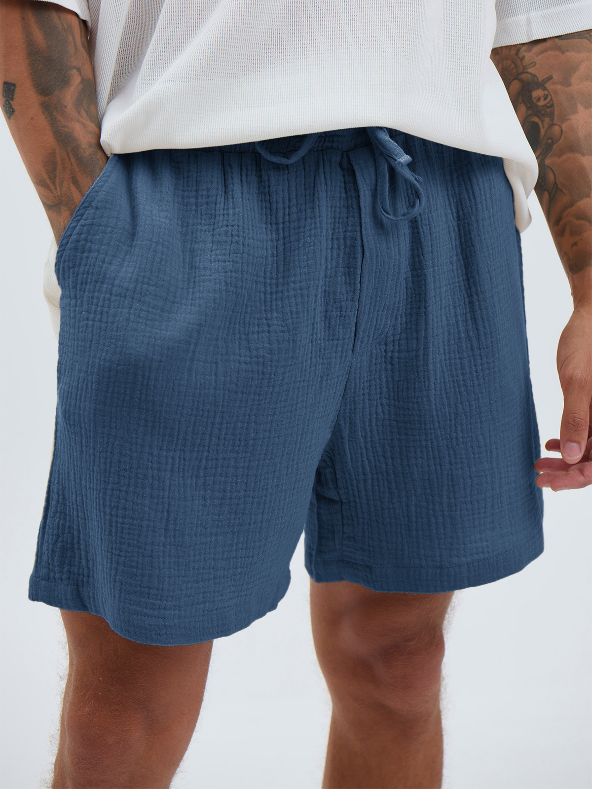 Men's Linen Comfort Vacation Drawstring Elastic Waist Shorts with Side Pockets-tidenox