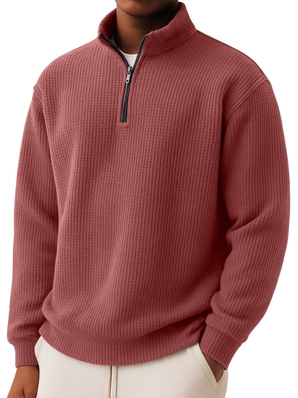 Men's Casual Simple Waffle Quarter Zip Long Sleeved T-shirt-tidenox