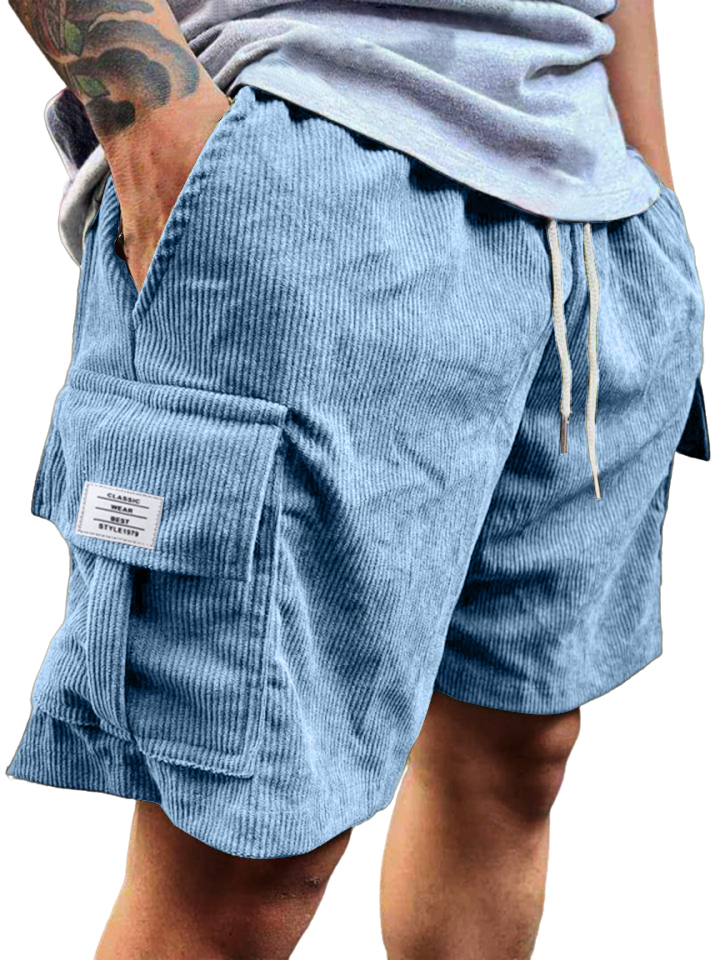 Men's Stylish Multi-pocket Vintage Corduroy Logo Embroidered Simple Casual Loose Shorts-tidenox