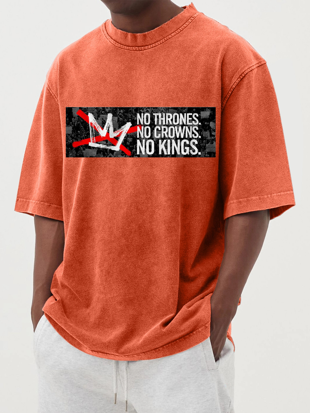 Men's No Kings 100% Cotton Washed And Distressed Vintage Print T-shirt-tidenox