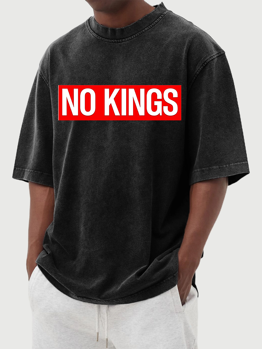Men's 100% Cotton Washed And Distressed Vintage No Kings Print T-shirt-tidenox