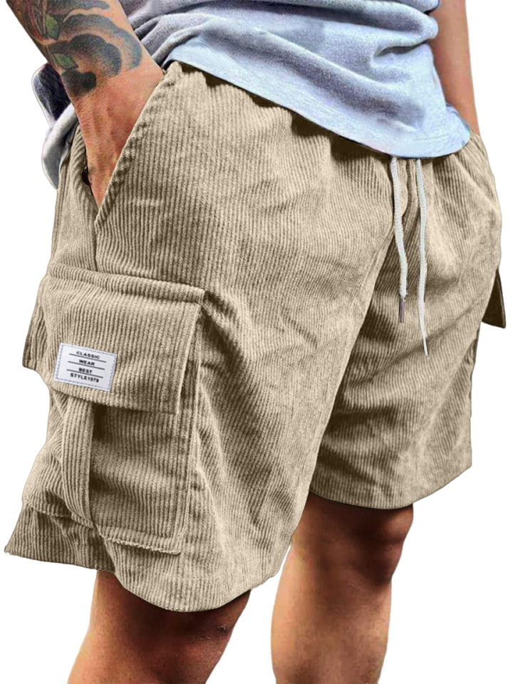Men's Stylish Multi-pocket Vintage Corduroy Logo Embroidered Simple Casual Loose Shorts-tidenox