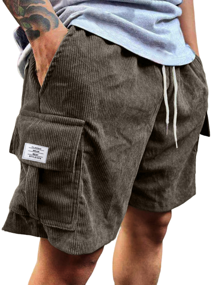 Men's Stylish Multi-pocket Vintage Corduroy Logo Embroidered Simple Casual Loose Shorts-tidenox
