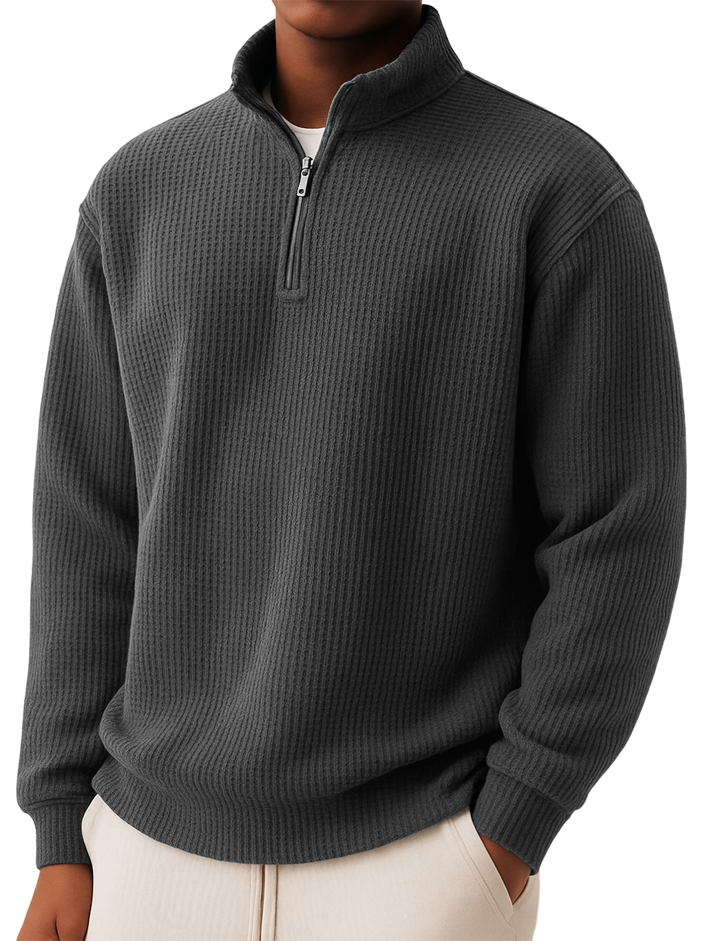 Men's Casual Simple Waffle Quarter Zip Long Sleeved T-shirt-tidenox