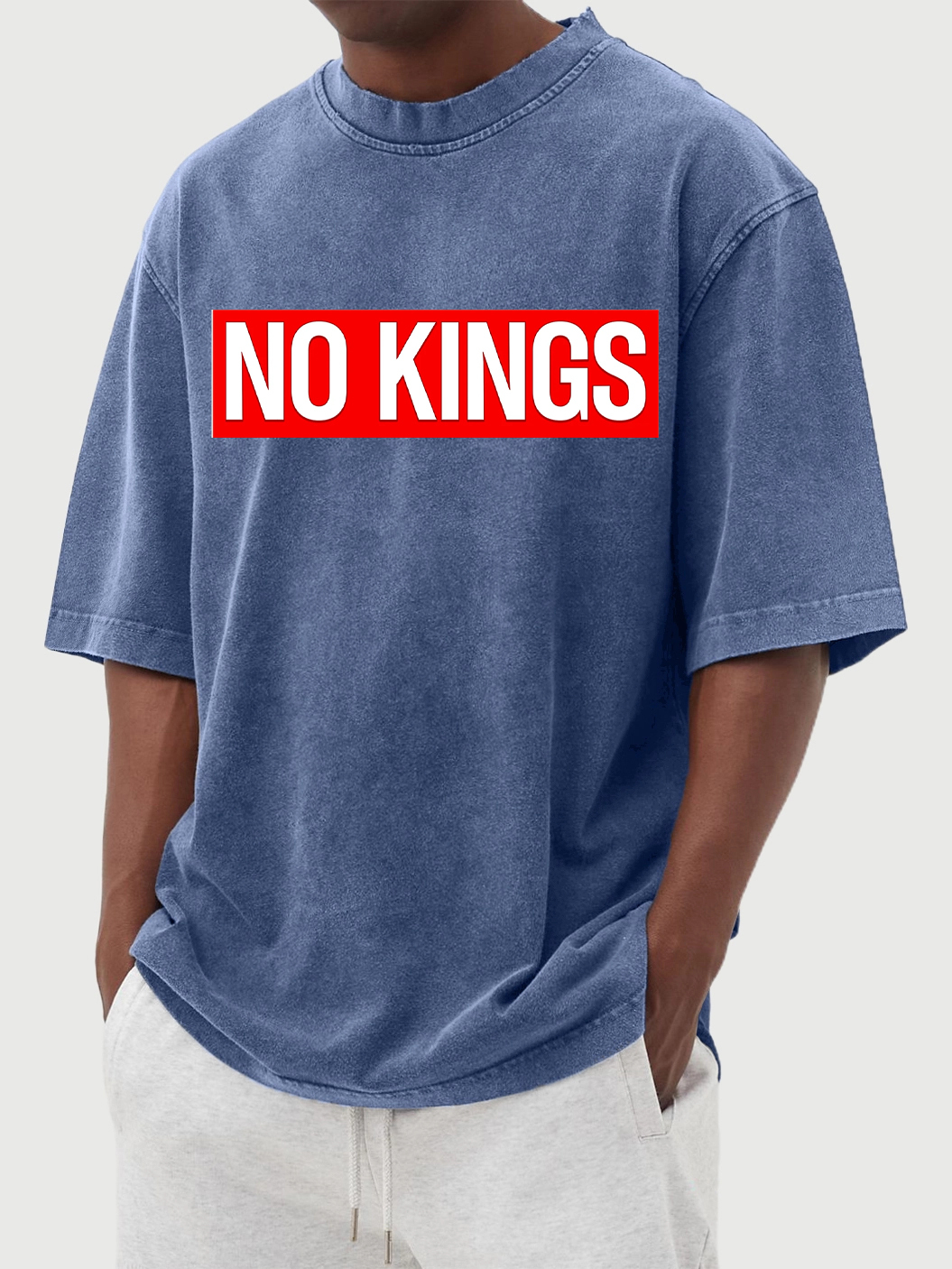 Men's 100% Cotton Washed And Distressed Vintage No Kings Print T-shirt-tidenox
