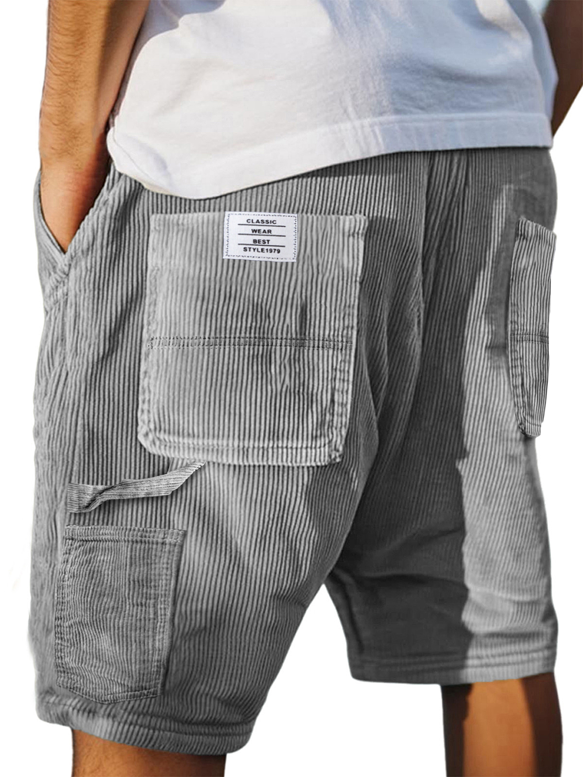 Men's Vintage Workshorts Corduroy Embroidered Label Lace-Up Versatile Everyday Shorts-tidenox