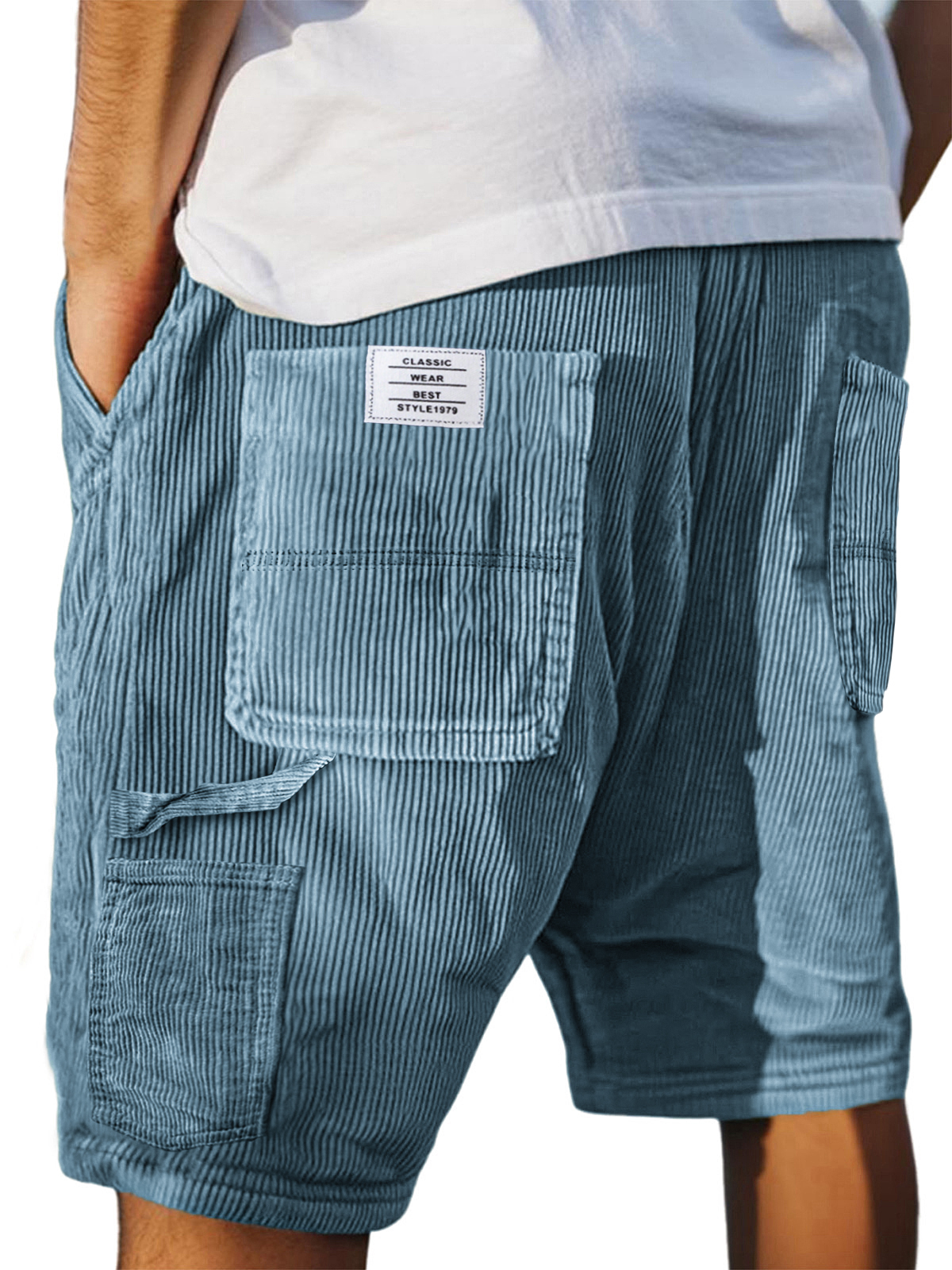 Men's Vintage Workshorts Corduroy Embroidered Label Lace-Up Versatile Everyday Shorts-tidenox