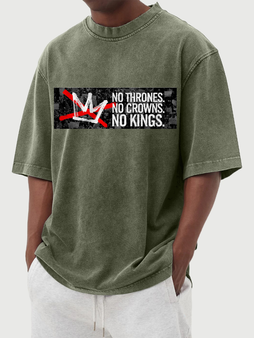 Men's No Kings 100% Cotton Washed And Distressed Vintage Print T-shirt-tidenox