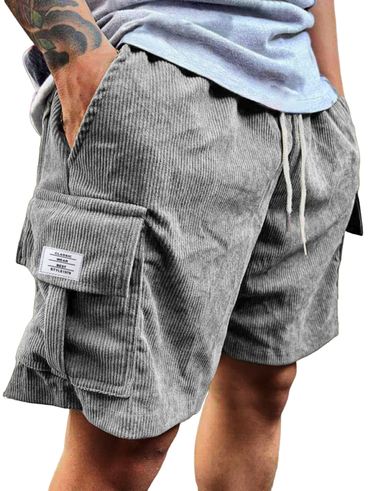 Men's Stylish Multi-pocket Vintage Corduroy Logo Embroidered Simple Casual Loose Shorts-tidenox