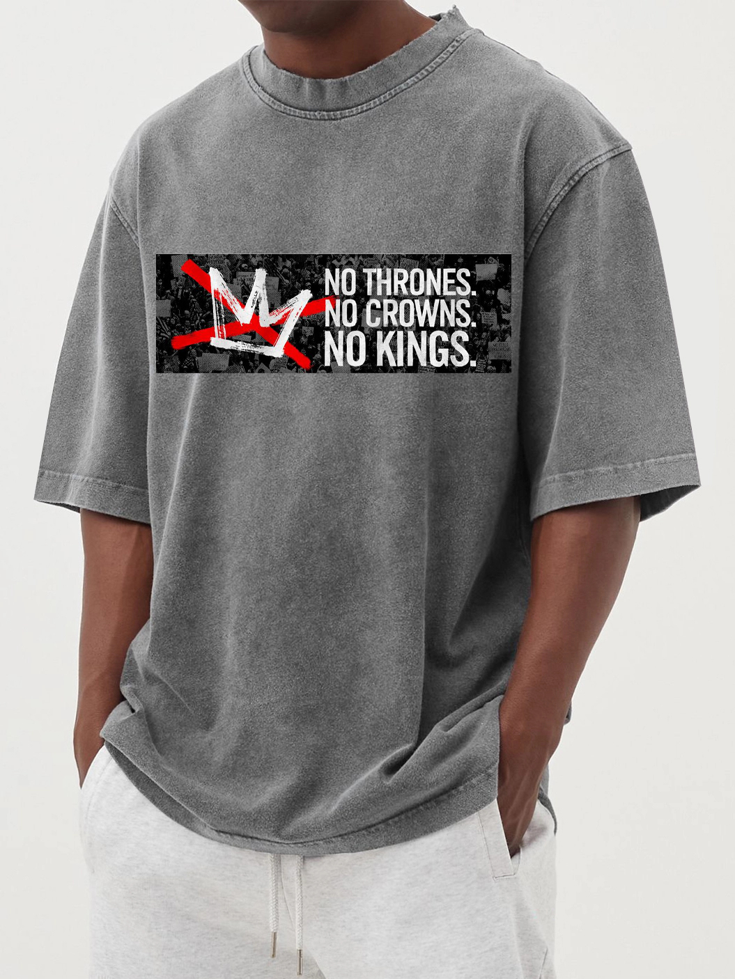 Men's No Kings 100% Cotton Washed And Distressed Vintage Print T-shirt-tidenox