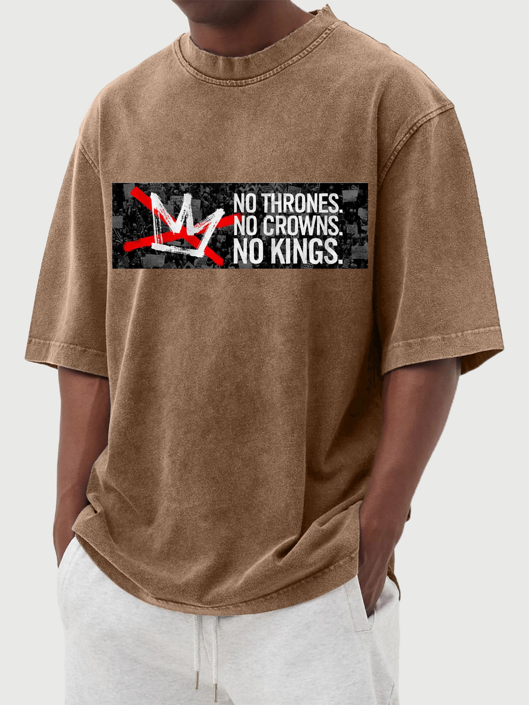 Men's No Kings 100% Cotton Washed And Distressed Vintage Print T-shirt-tidenox